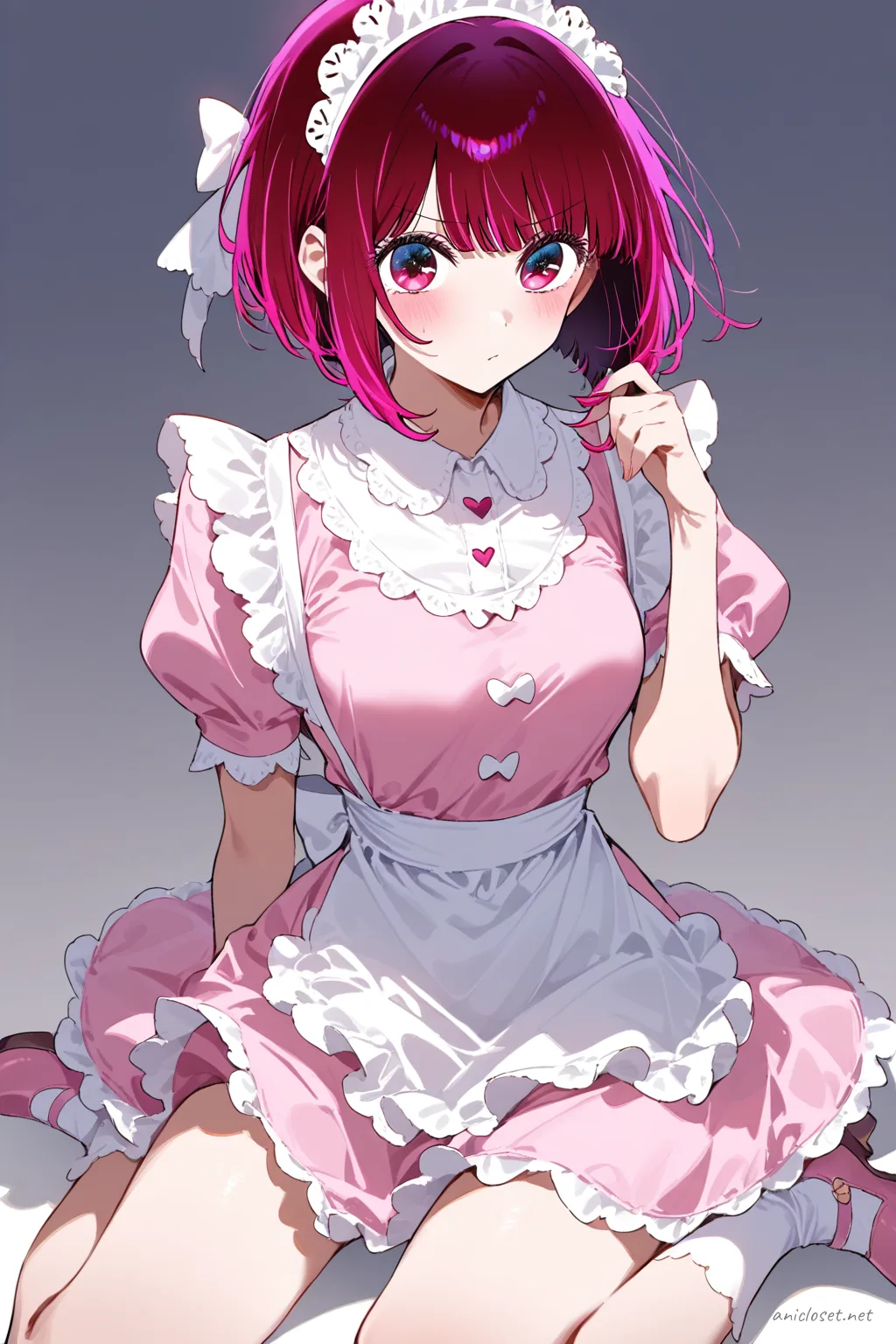Illustration of Kana Arima wearing a pastel pink maid dress with scalloped white apron, heart-shaped buttons, puff sleeves, peter pan collar, bow shoes, and knee socks