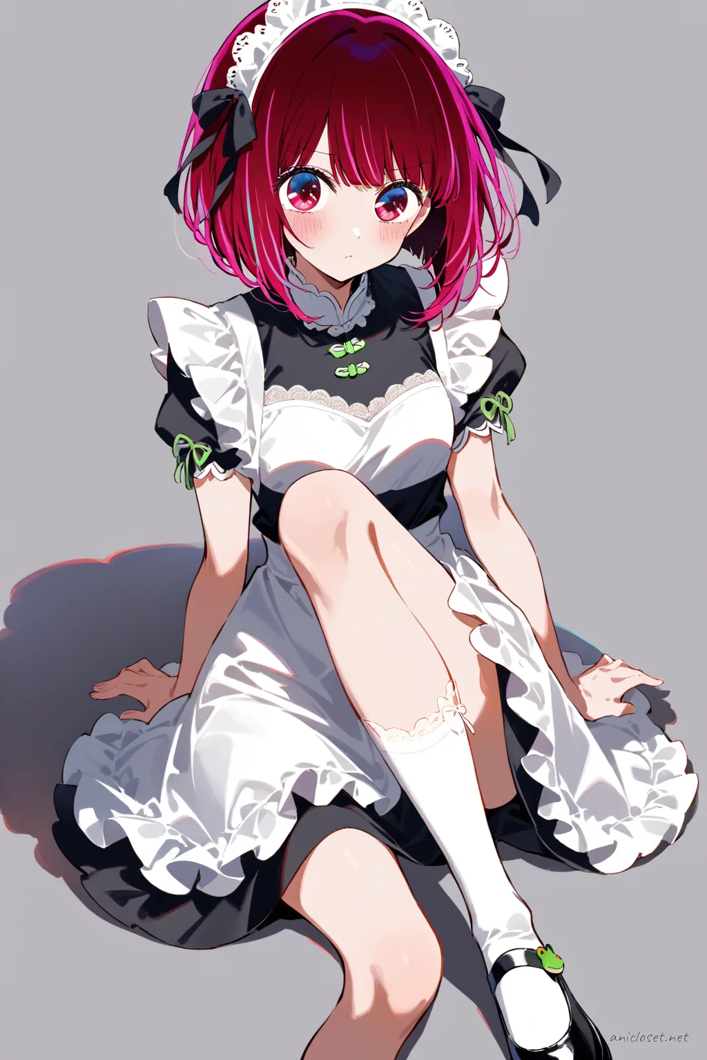 Kana Arima in a maid outfit with qipao collar, short sleeves, frilled apron, and frog buttons, shown in a cowboy shot from front