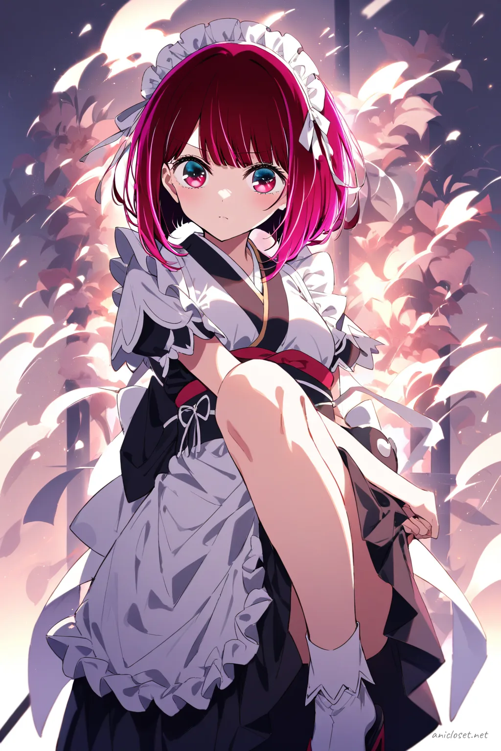 Illustration of Kana Arima in Maid look variant 07 wearing a simplified wa-maid fusion outfit with straight kimono sleeves, clean hakama skirt, plain white apron, and minimal ribbon obi