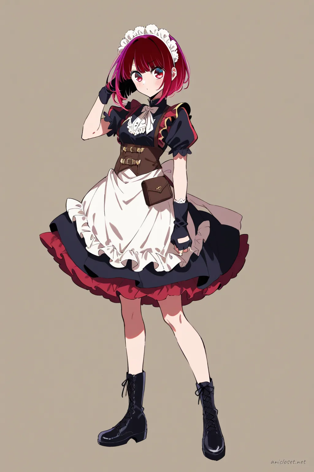 Kana Arima in steampunk maid uniform with brown corset vest, layered skirt, white utility apron, and lace-up brown boots, front cowboy shot