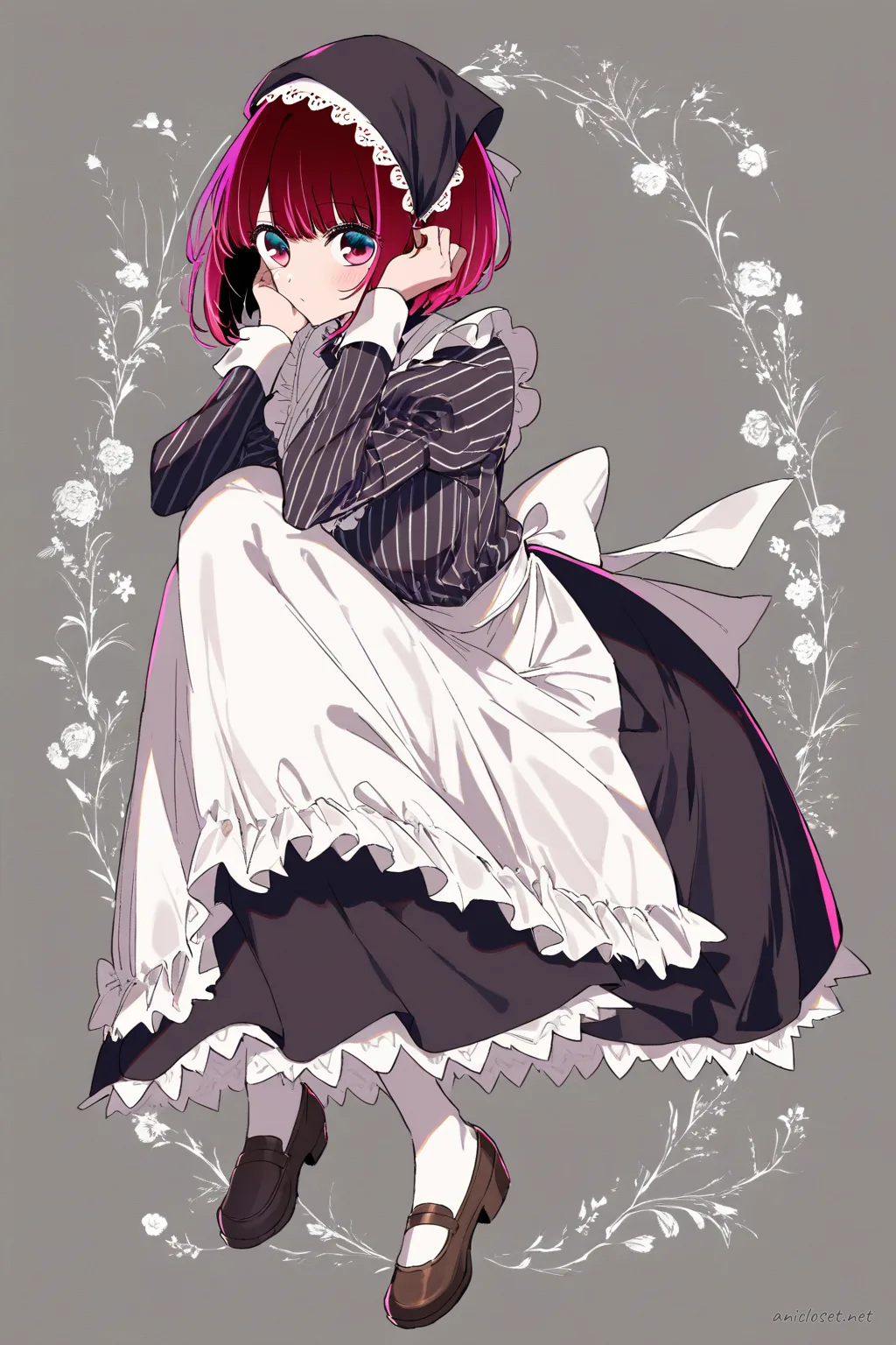Illustration of Kana Arima in a bakery maid uniform with striped blouse, full apron, midi skirt, kerchief, and loafers