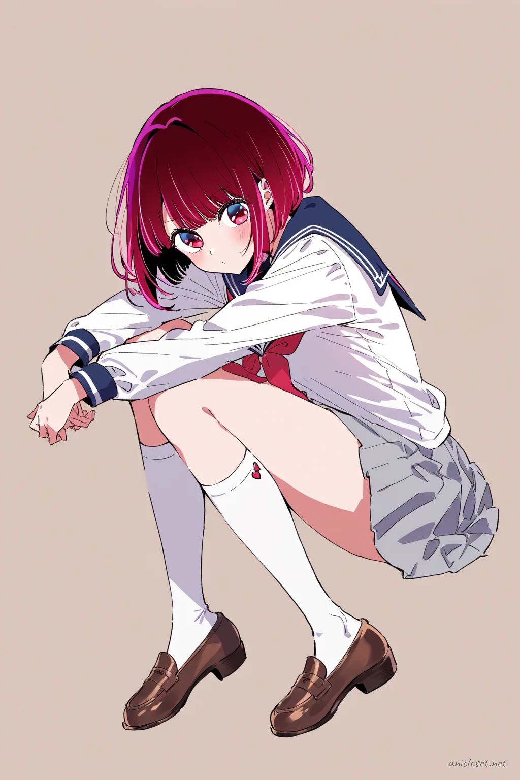Full-body three-quarter view illustration of Kana Arima in navy sailor collar, red neckerchief, white blouse, navy pleated skirt, knee socks, and brown loafers
