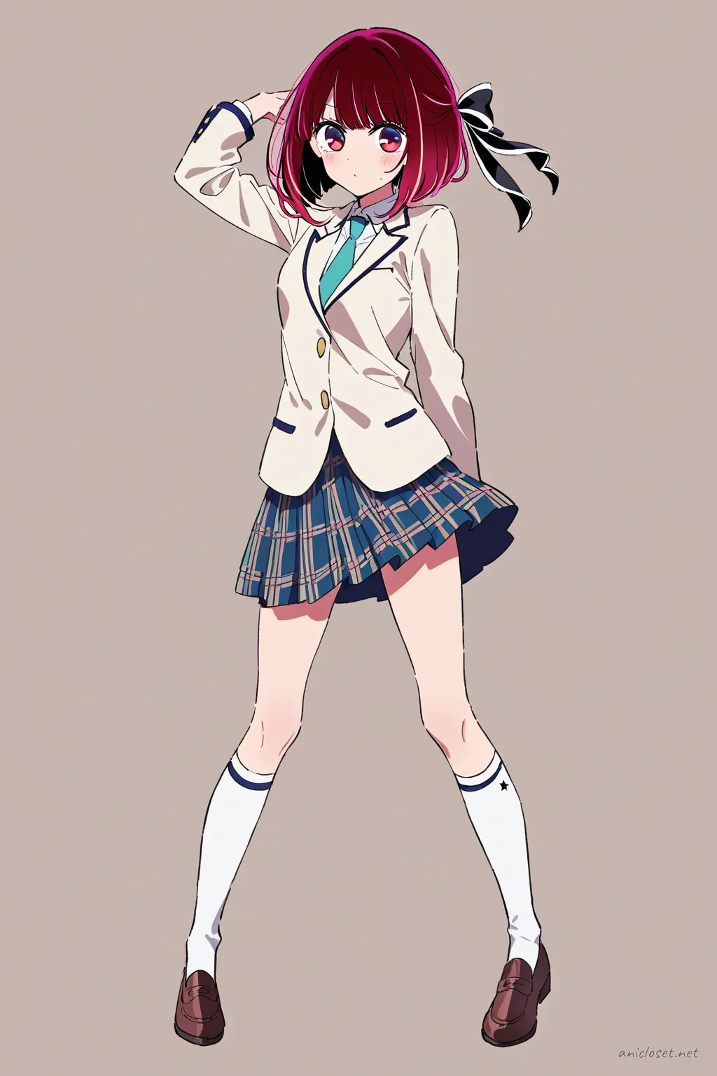 Full body front view illustration of Kana Arima wearing a beige blazer school uniform with necktie, plaid pleated skirt, black thighhigh socks, and loafers
