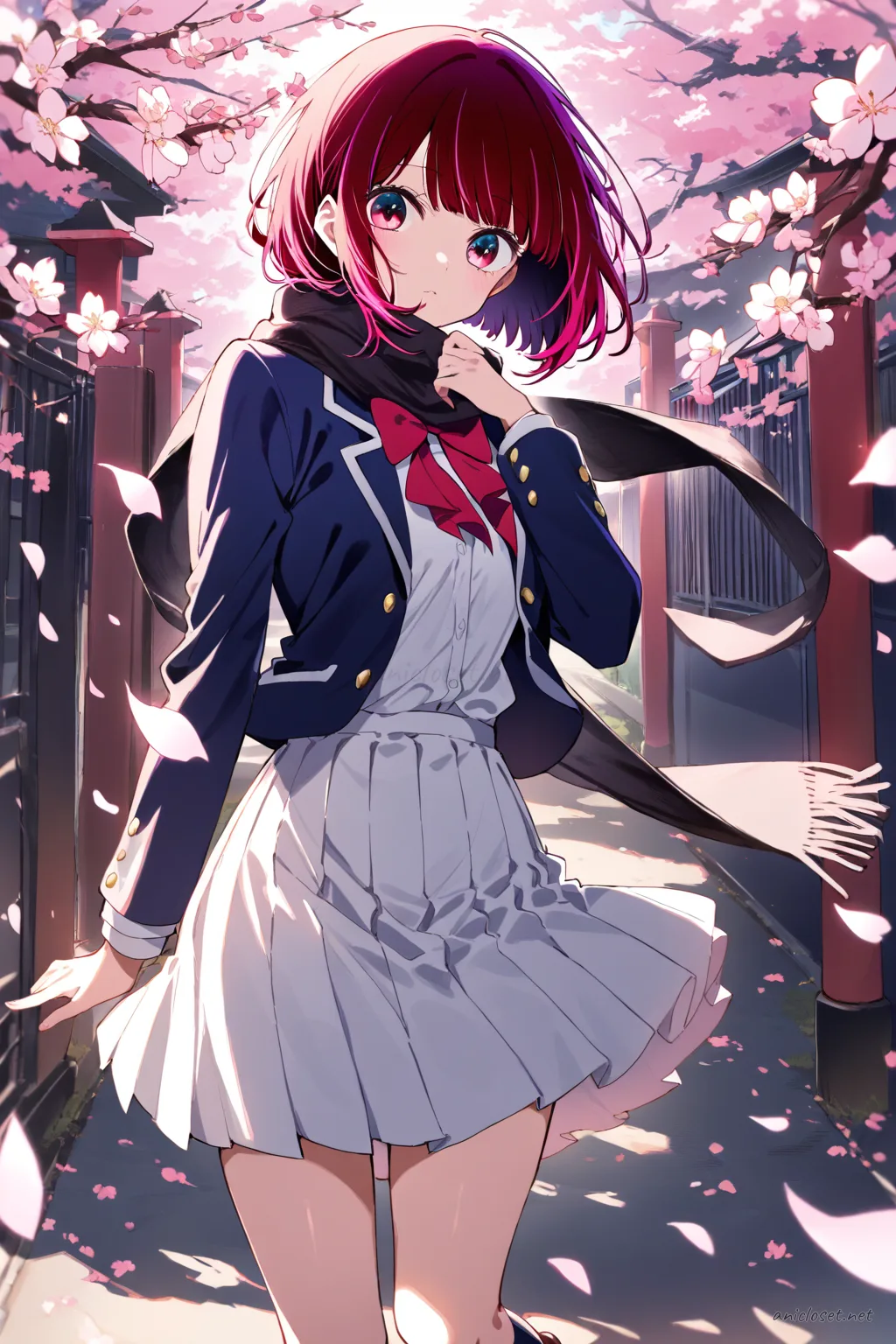 Kana Arima knee-up half-body lookbook illustration wearing cherry-red short blazer, cropped white shirt, high-waist pleated mini skirt, ribbon necktie, and loafers