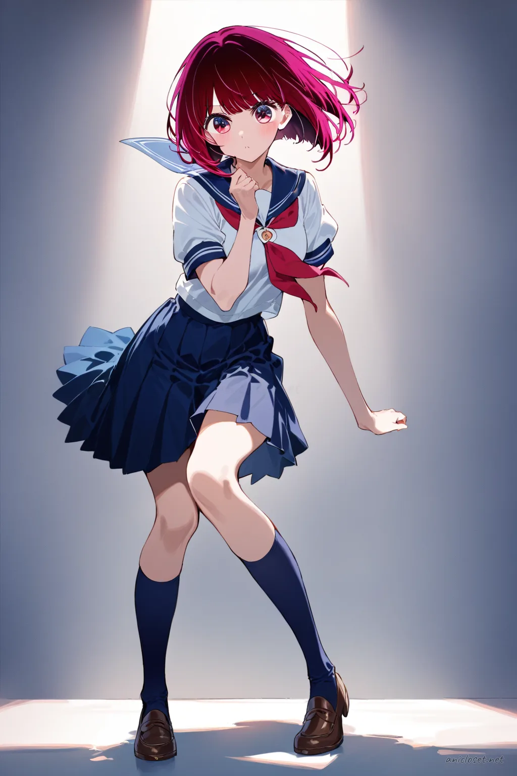 Kana Arima in summer sailor school uniform with short sleeves, ribbon bow, pleated skirt, knee socks, and loafers, front view cowboy shot
