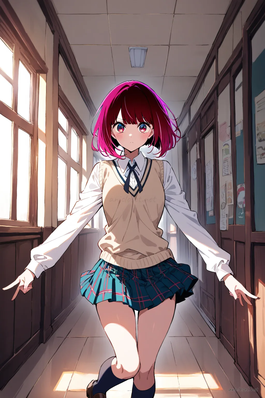 Kana Arima wearing a beige sweater vest over white shirt with red plaid pleated skirt and navy over-the-knee socks