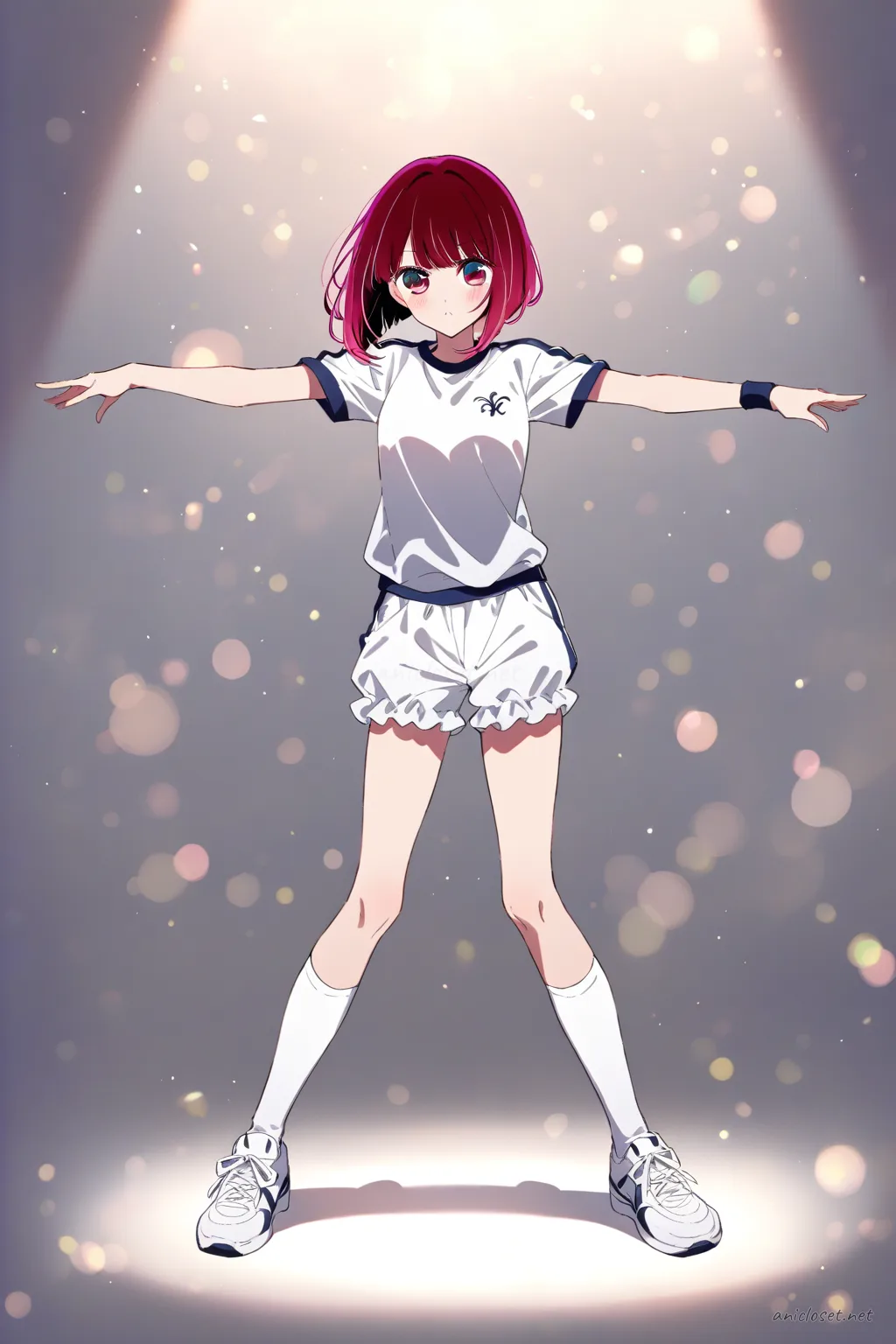 Full body front view of Kana Arima in a school gym outfit with short jersey, navy bloomers, knee socks, and white sneakers