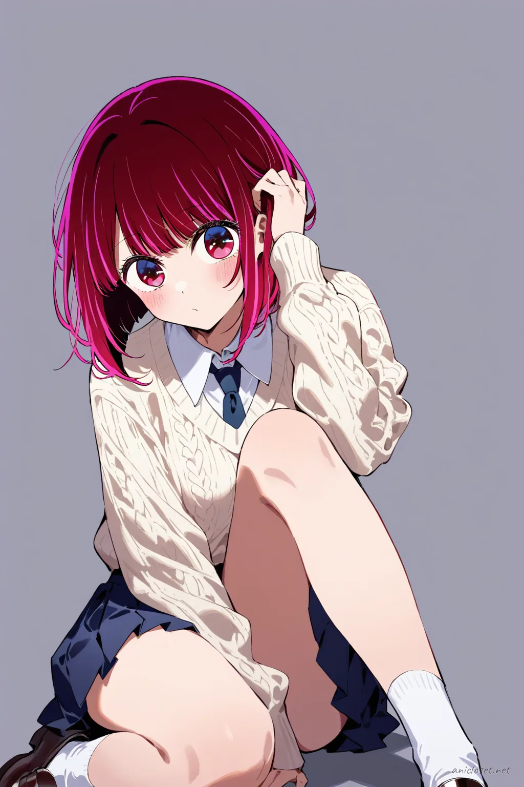 Illustration of Kana Arima in a school outfit with long pleated skirt, v neck sweater, white blouse, ribbon necktie, loafers, and knee socks, front cowboy shot