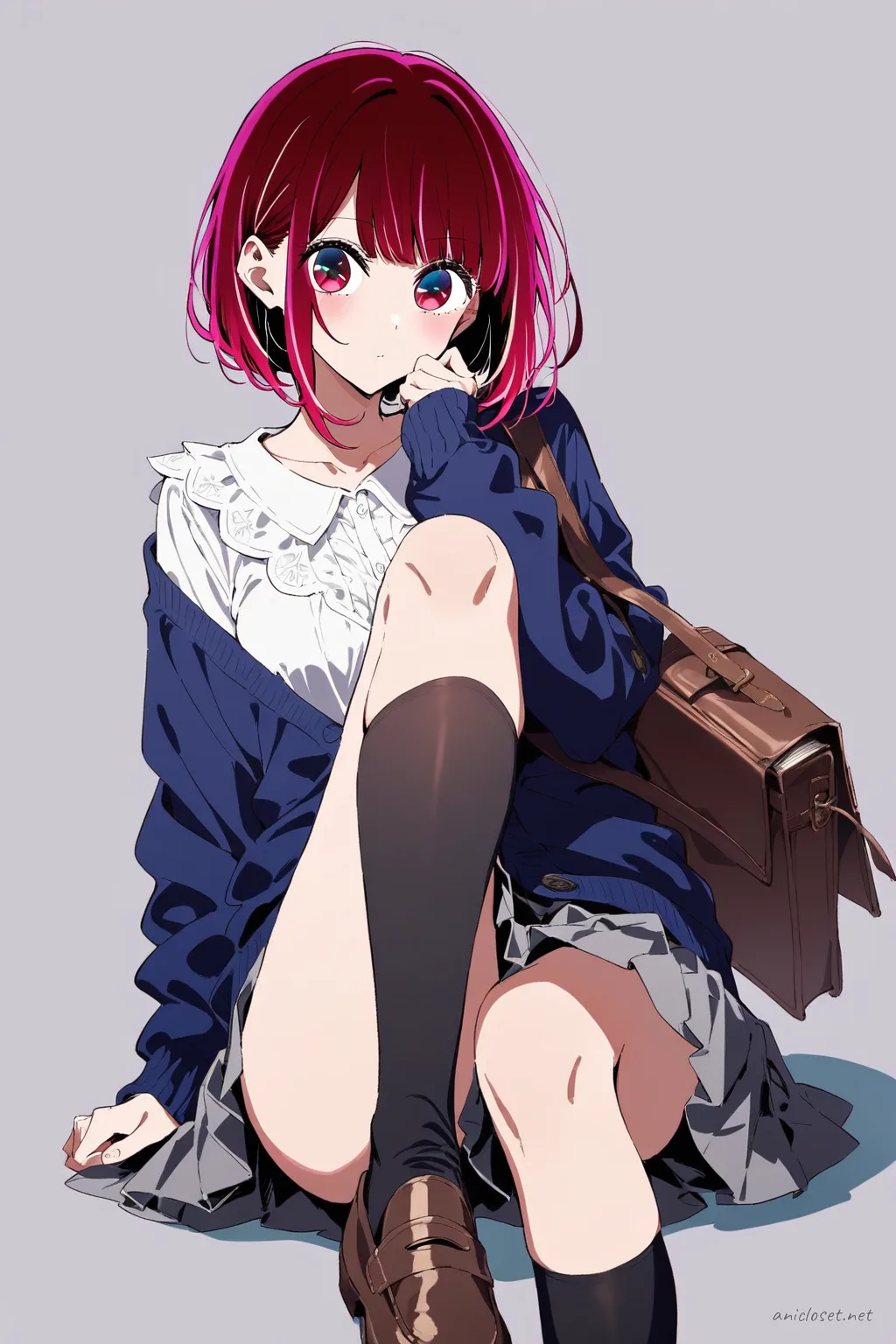 Kana Arima standing in full-body school outfit with beige cardigan, white blouse, navy pleated skirt, brown loafers, and minimalist book bag on clean studio backdrop