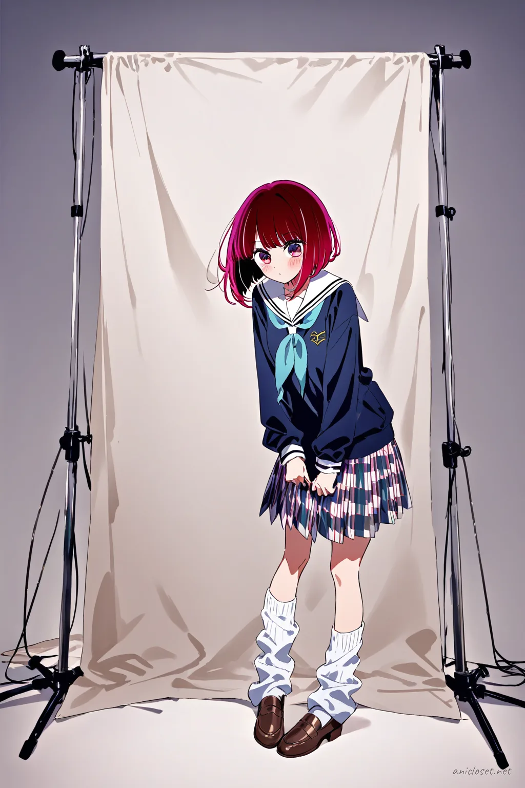 Full-body illustration of Kana Arima in checkered sailor collar blouse, pleated skirt, loose socks, and loafers on a clean studio backdrop