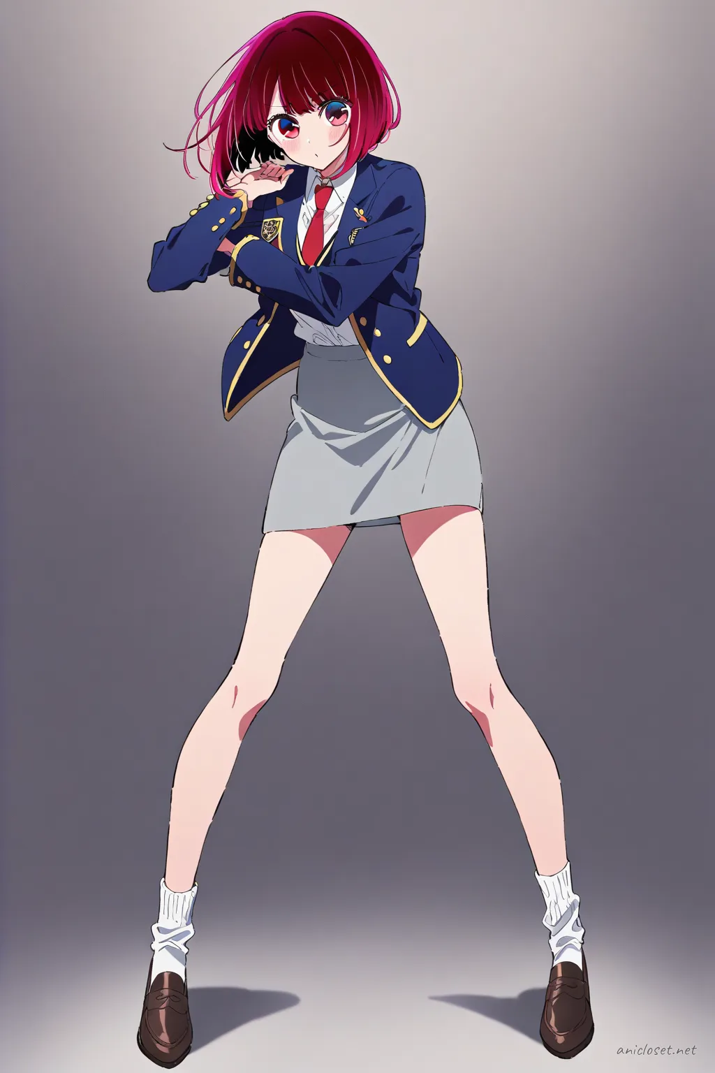Illustration of Kana Arima wearing a navy private academy blazer with emblem patch, white dress shirt, red ribbon tie, black pencil skirt, and black loafers