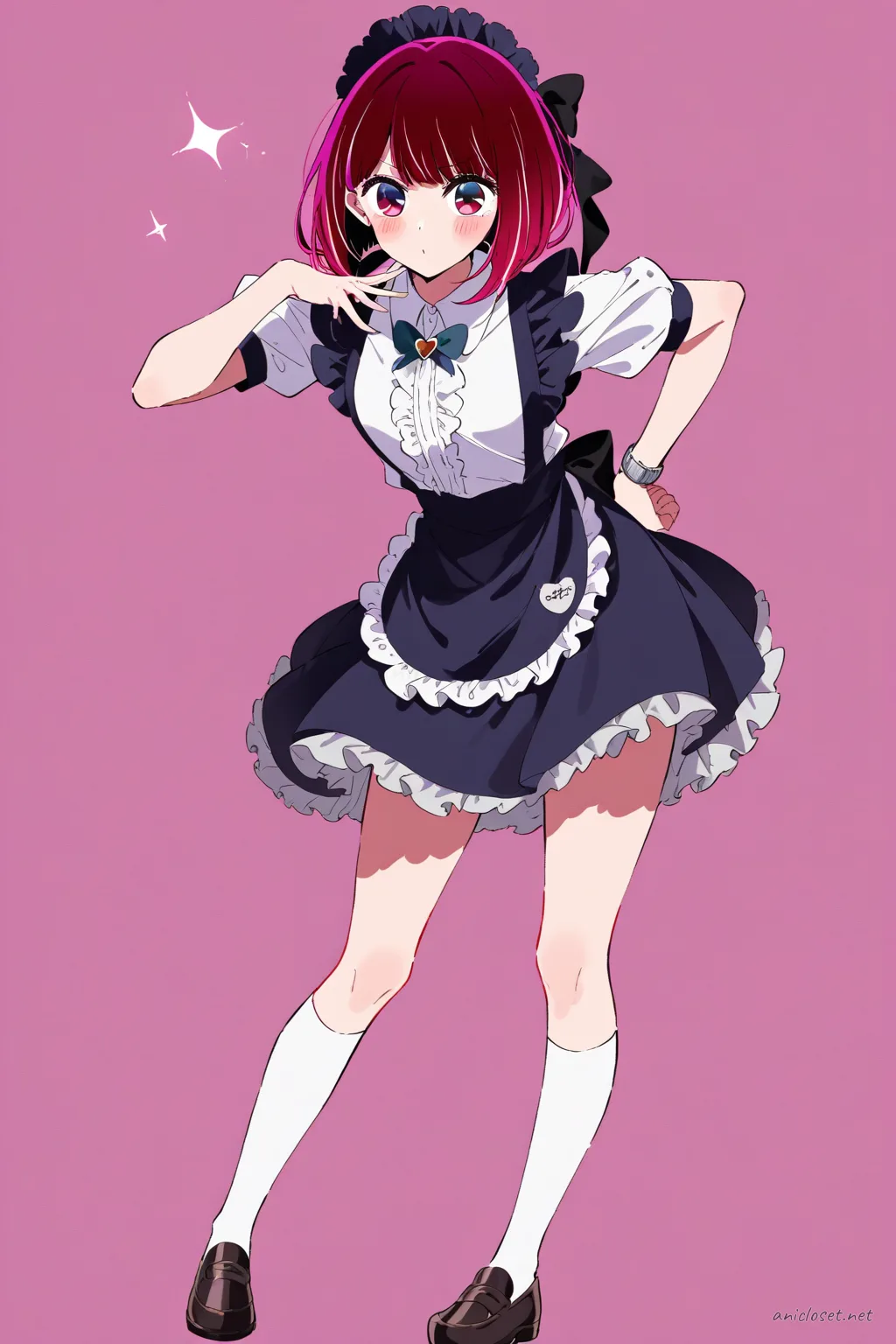 Illustration of Kana Arima wearing a white blouse, black pleated skirt, maid apron, headband, knee socks, and loafers