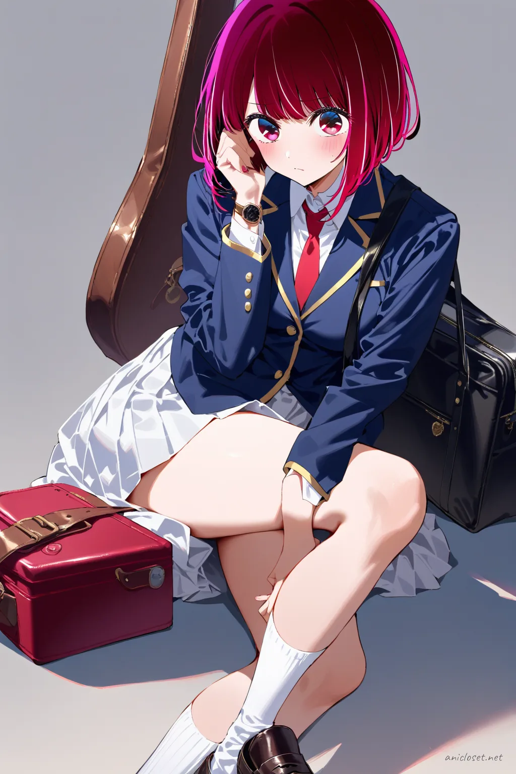 Full-body three-quarter view of Kana Arima in navy blazer, white shirt, red ribbon, gray pleated skirt, knee-high socks, brown loafers, holding black instrument case