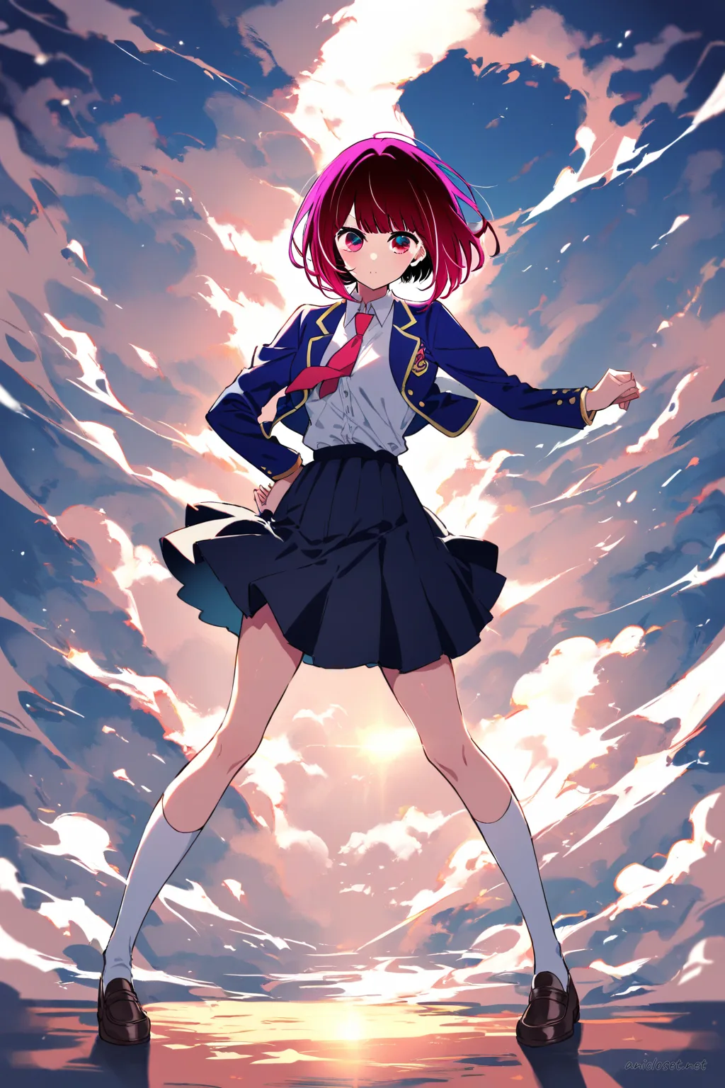 Full-body three-quarter view illustration of Kana Arima in black sailor uniform with white collar and red neckerchief, hand on hip pose, golden-hour backlight and floating dust motes