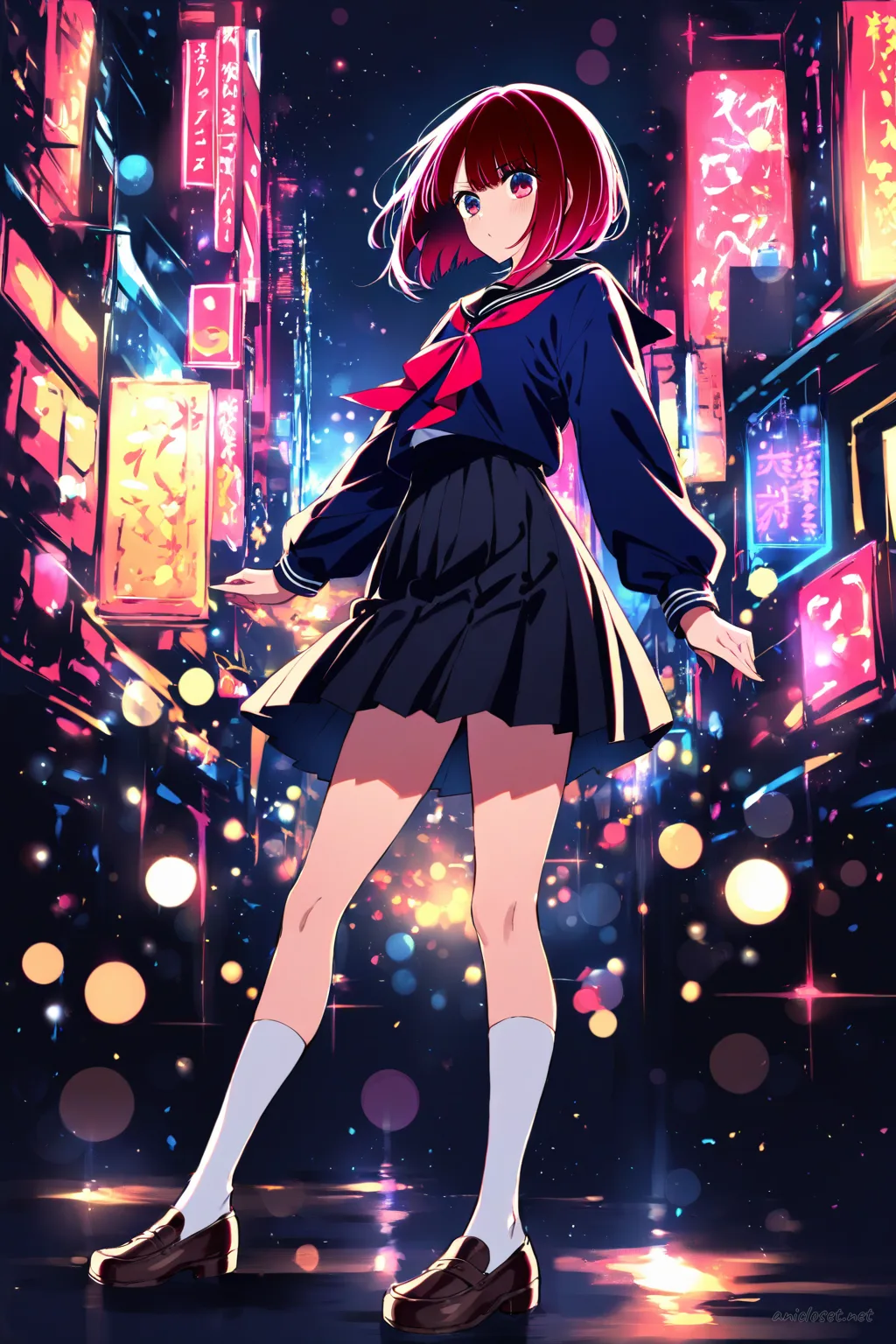 Kana Arima in official black sailor collar blouse and navy pleated skirt, three-quarter turn pose with neon city night bokeh background