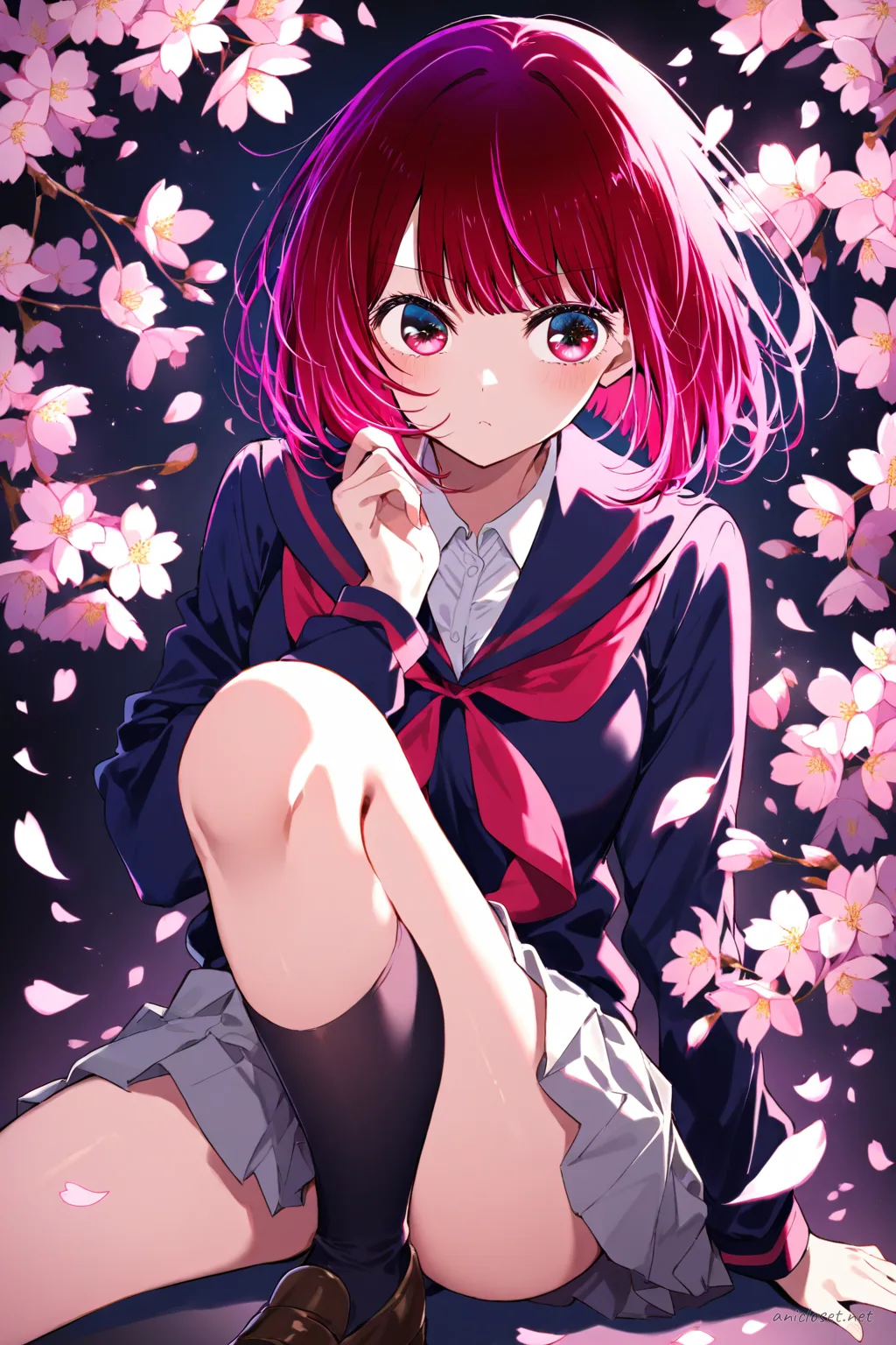 Full-body illustration of Kana Arima in her signature pleated skirt and sailor collar blouse, standing with over-shoulder glance amid cherry-blossom petals on a clean studio backdrop