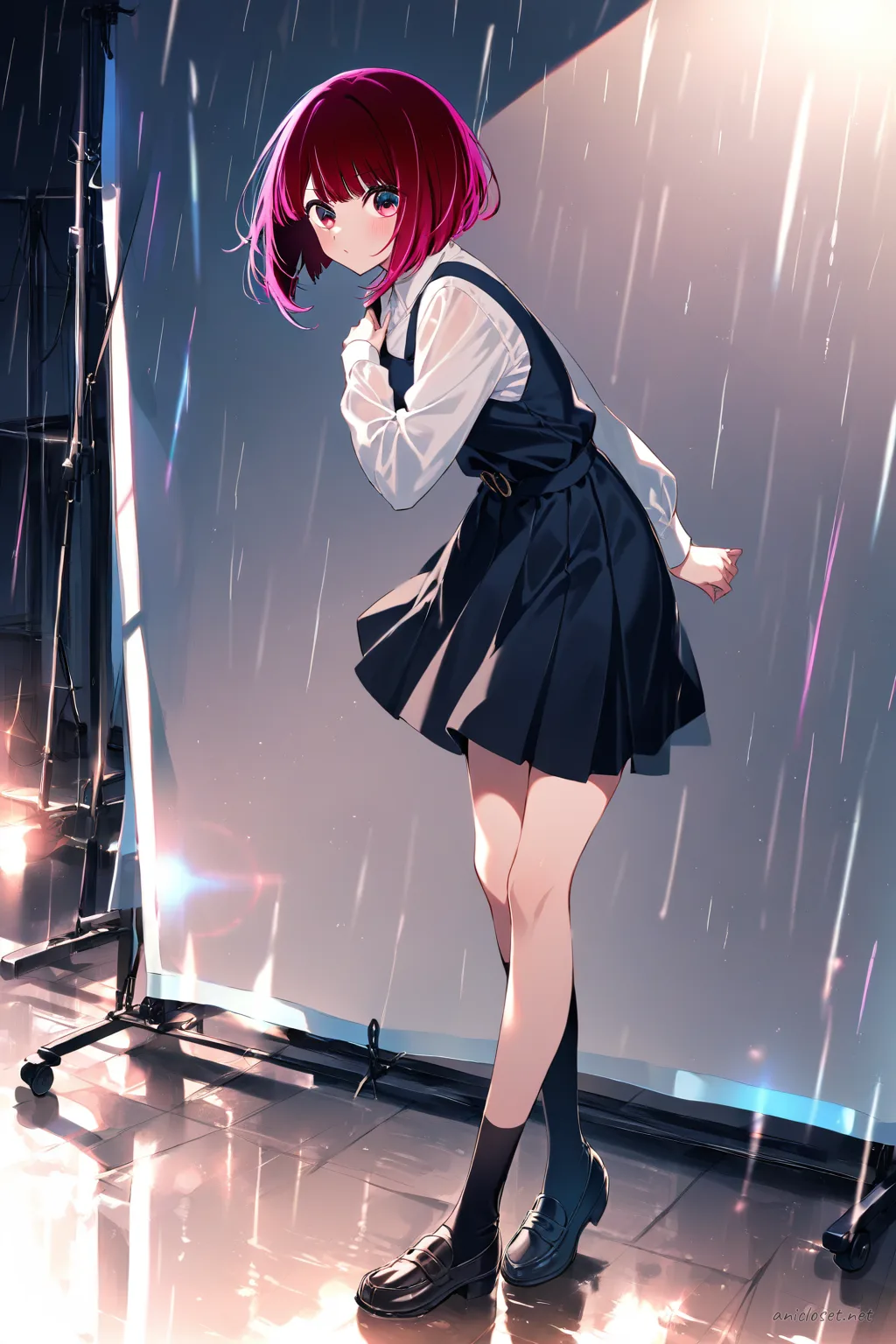 Full-body illustration of Kana Arima in her signature black sailor collar blouse, white neckerchief, navy pleated skirt, black loafers, and knee-high white socks, standing mid-stride with rain-wet street reflections and cool blue rim light
