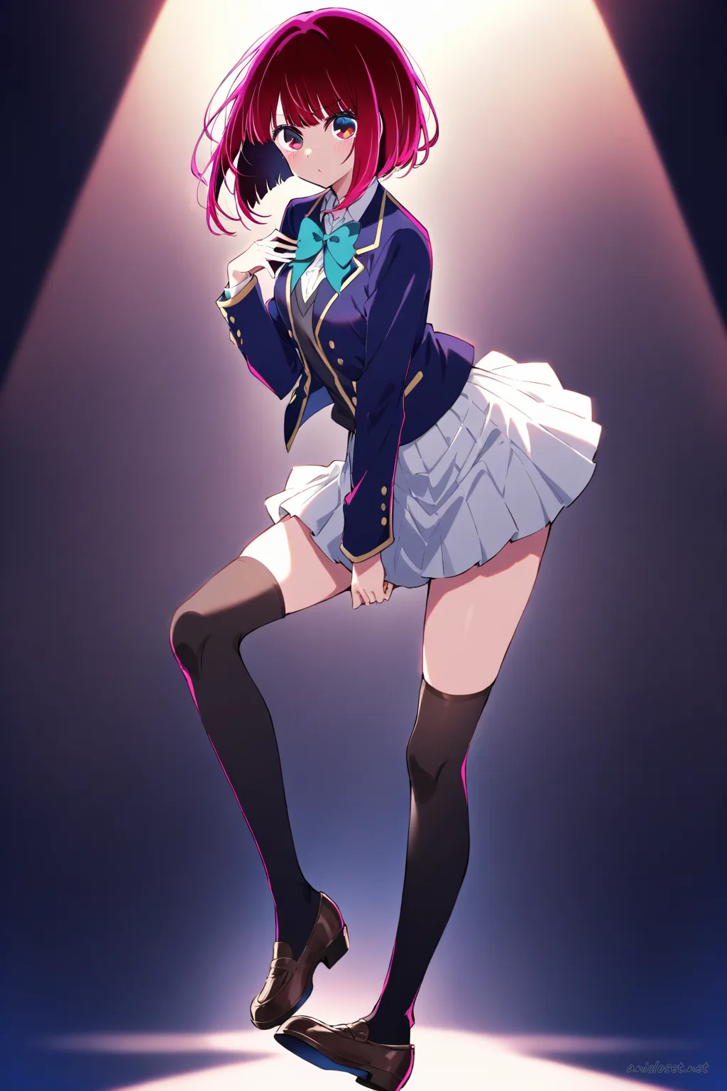 Full-body three-quarter view of Kana Arima in black sailor collar blouse, pleated navy skirt, white knee socks, brown loafers, and red neckerchief under dramatic spotlight on dark stage