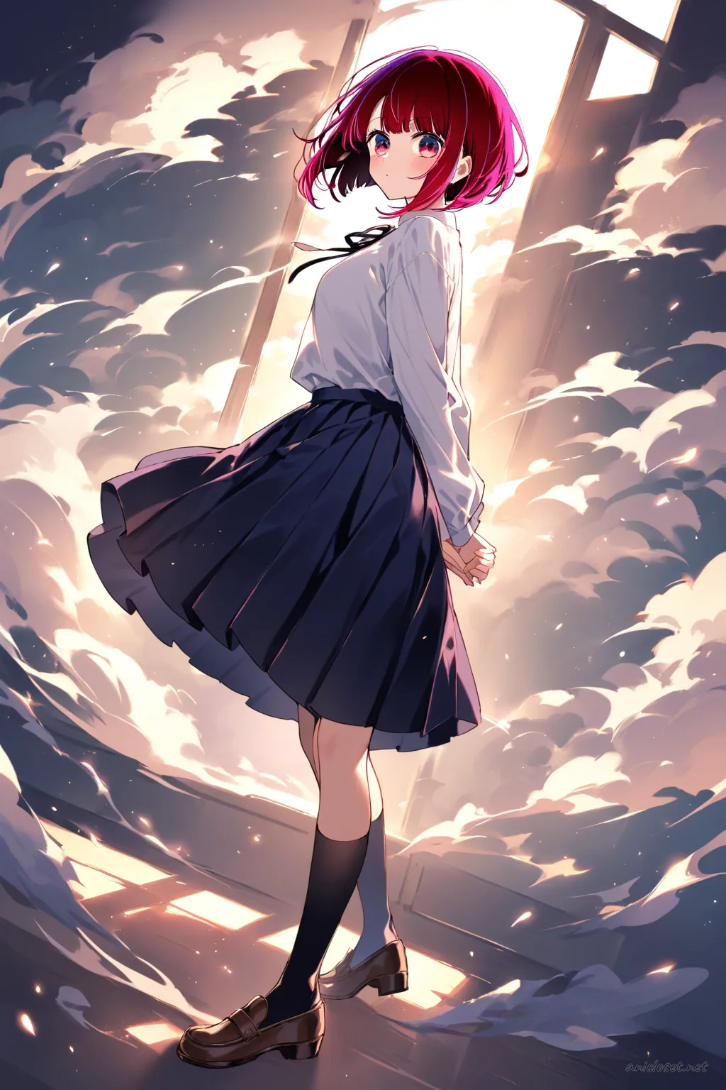Kana Arima standing in official costume with pleated skirt, sailor collar blouse, ribbon necktie, knee-high socks, and loafers, arms behind back, sunbeam through window, floating dust