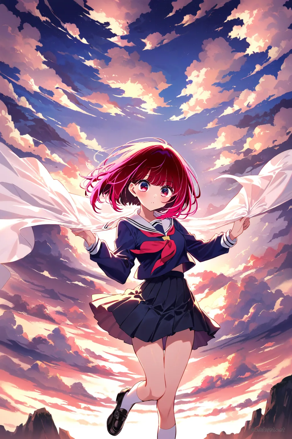 Kana Arima in black sailor school uniform with white collar and red neckerchief, pleated skirt and knee-high socks, posed with wind-blown fabric against a cliffside and cloudy sky