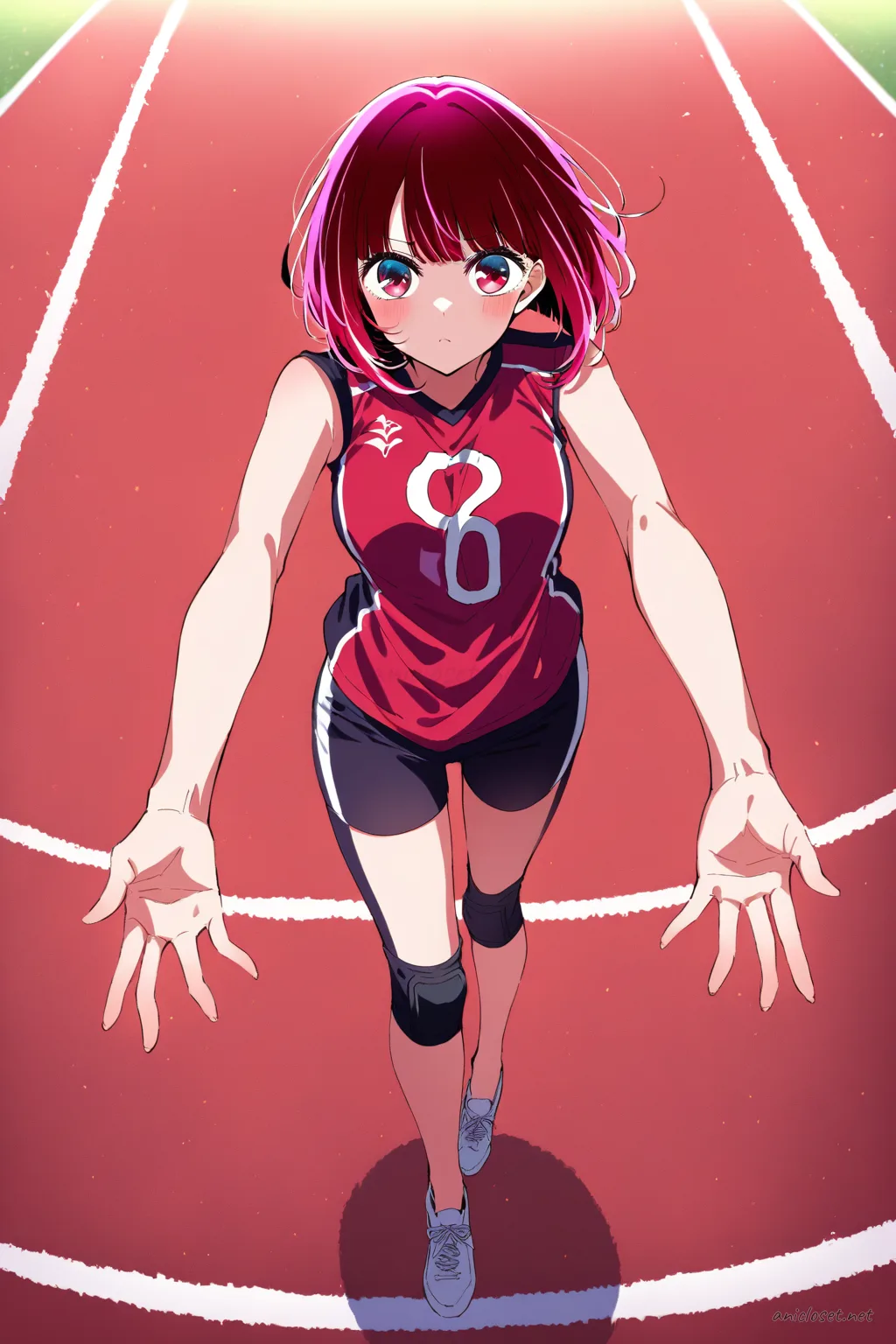 Full body illustration of Kana Arima wearing a volleyball jersey over athletic leggings with knee pads and sneakers, standing calmly on an indoor court