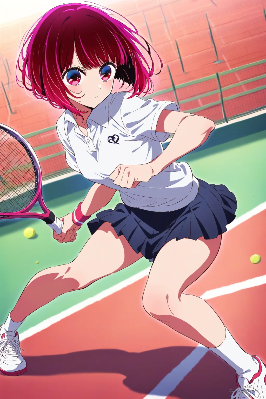 Illustration of Kana Arima in tennis sportswear with white polo shirt, navy pleated skirt, and sneakers on outdoor clay court
