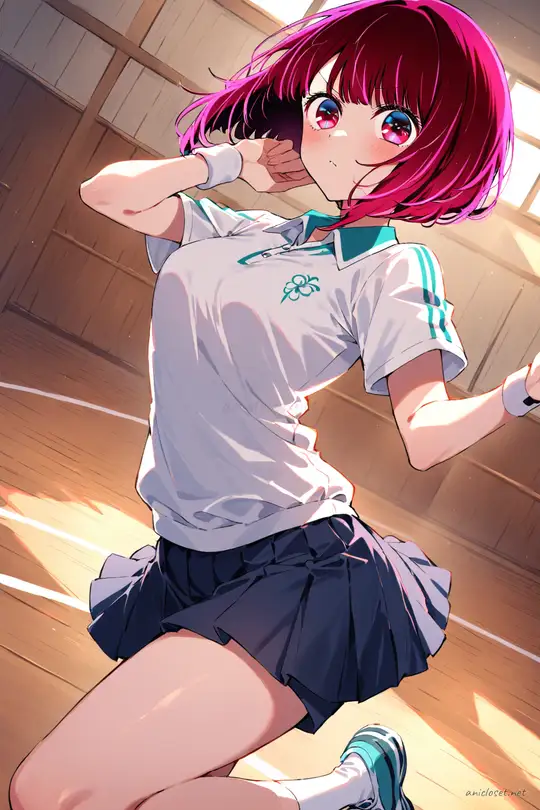 Full-body illustration of Kana Arima in badminton club sportswear, standing in gymnasium with racket and towel