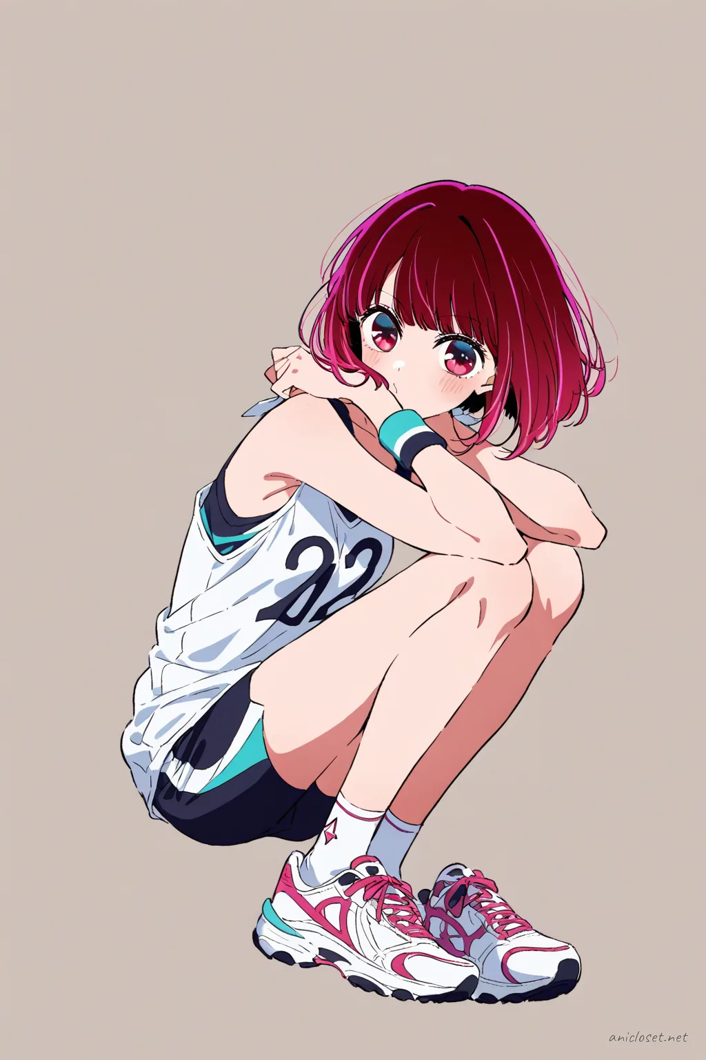 Full-body illustration of Kana Arima in sportswear with singlet, short shorts, number bib, sneakers, standing against a clean studio backdrop