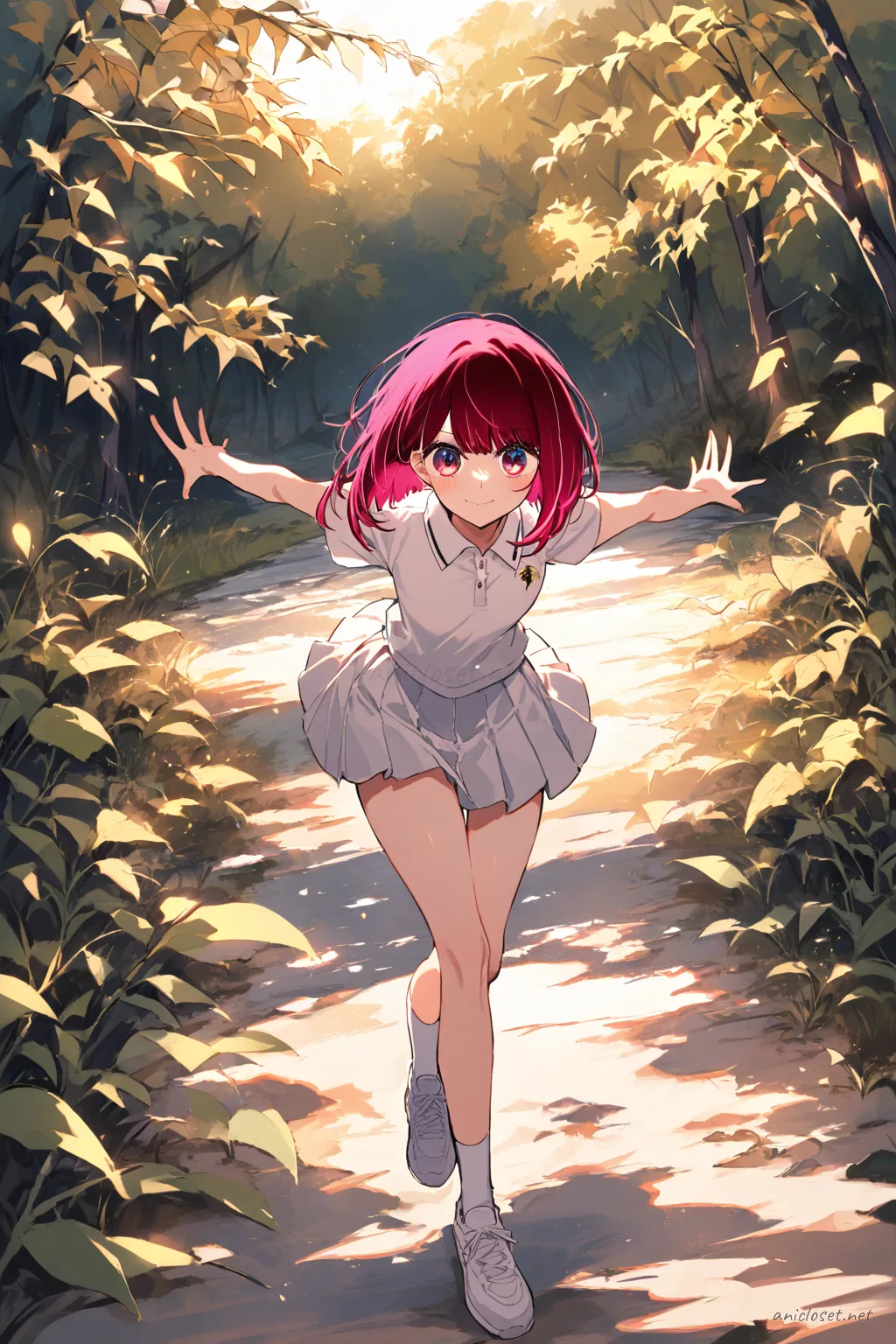 Kana Arima wearing a school tennis polo and knee-length pleated skirt standing calmly on a school tennis court