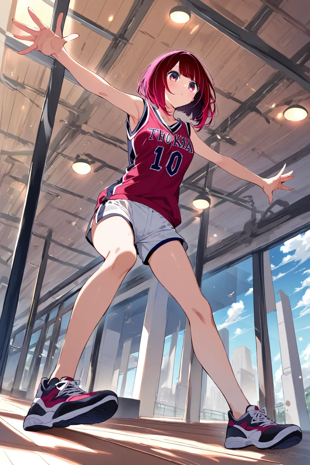 Kana Arima standing calmly on indoor basketball court wearing fitted sleeveless jersey, short shorts, and low cut sneakers