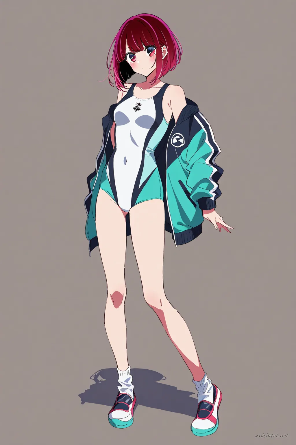 Full-body illustration of Kana Arima in a one-piece competitive swimsuit with a half-on team jacket, standing in a clean studio setting