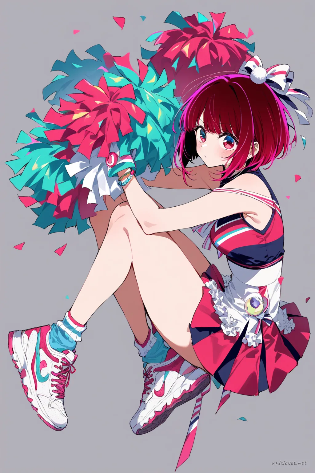 Full-body three-quarter view of Kana Arima wearing a cheerleading crop top, short pleated skirt, white ankle socks, white and red sneakers, and sporty wristbands, holding pom-poms against a clean studio background