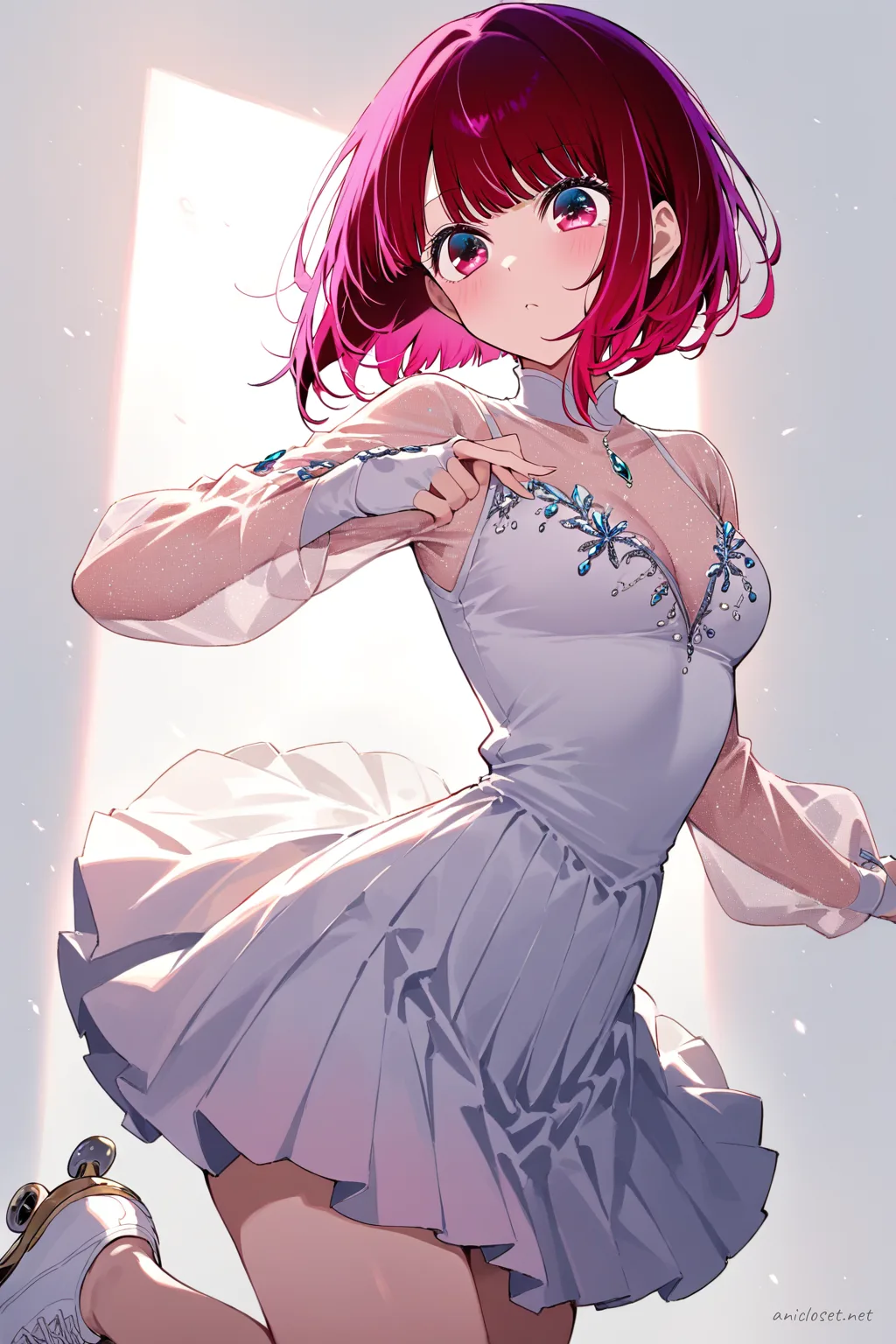 Kana Arima wearing a figure skating practice jacket and short pleated skating dress with sheer mesh sleeves and white figure skates, knee-up view