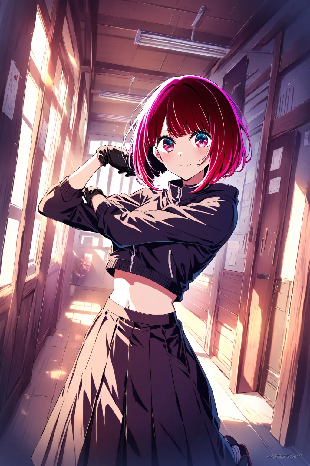 Illustration of Kana Arima in kyudo club sportswear with hakama skirt, fitted jacket, glove, tabi socks, and waraji sandals standing calmly in dojo