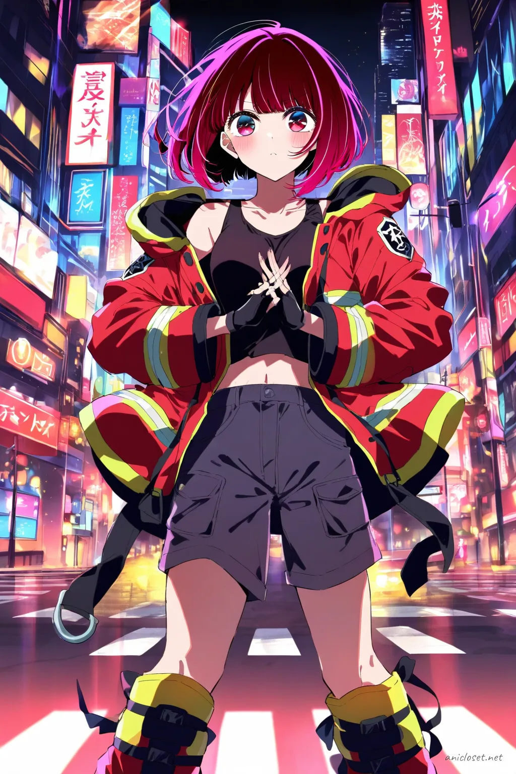 Full body illustration of Kana Arima in a firefighter-style uniform with open turnout jacket, fitted tank top, cargo shorts, boots, and helmet under arm