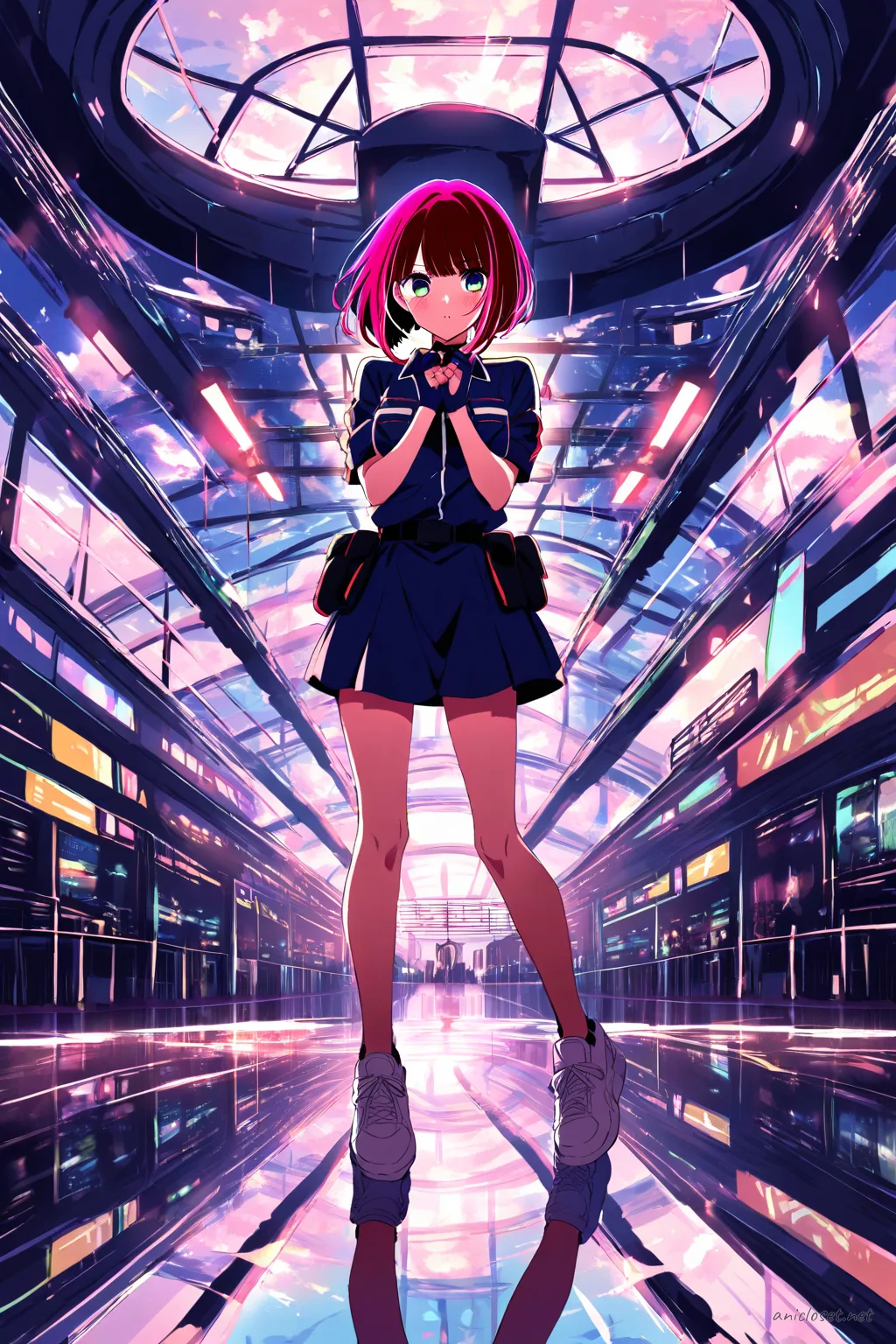 Full-body illustration of Kana Arima in a paramedic uniform with fitted jacket, reflective stripes, short cargo skirt, utility belt, and white sneakers against a clean studio backdrop