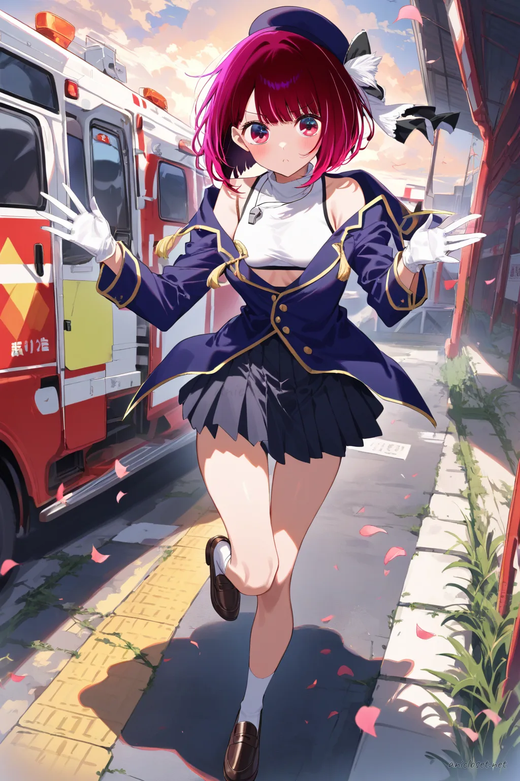 Kana Arima wearing navy blazer, white blouse, short pleated skirt, navy cap, white gloves, and whistle necklace in knee-up studio shot