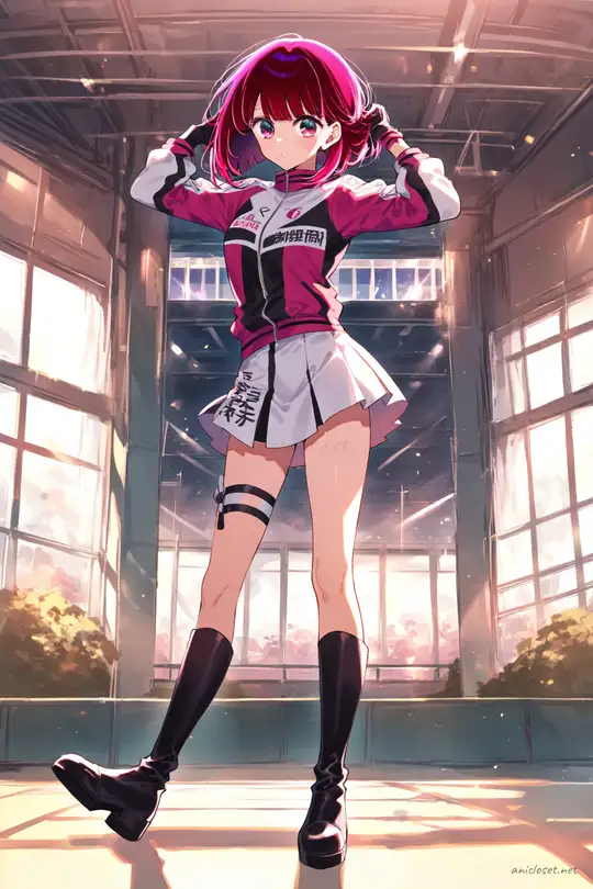 Kana Arima in a race-queen style uniform with tight jacket, mini skirt, thigh-high boots, and fingerless gloves, front cowboy shot