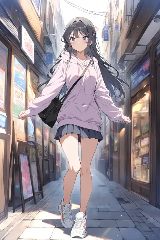 Illustration of Mai Sakurajima wearing an oversized pastel pink hoodie, white pleated mini skirt, white chunky sneakers, and black crossbody bag, walking mid-stride on a sunlit shopping street with storefront signs and lens flare