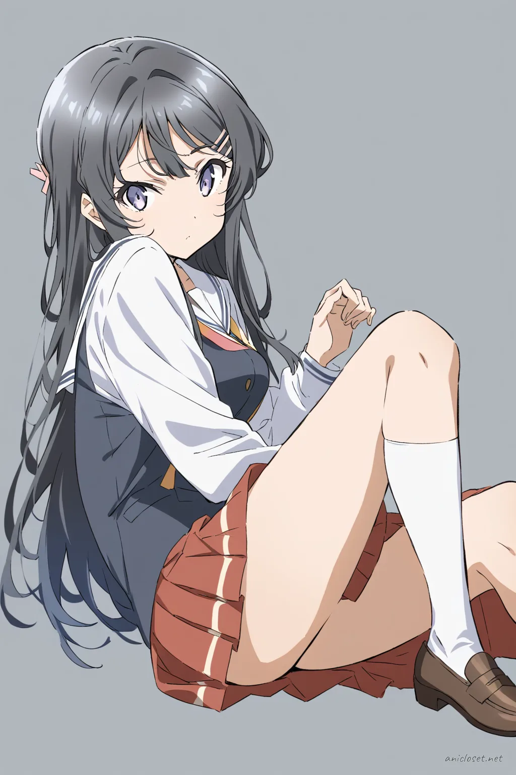 Knee-up half-body illustration of Mai Sakurajima in her classic school uniform with sailor collar and ribbon neckwear under soft studio lighting