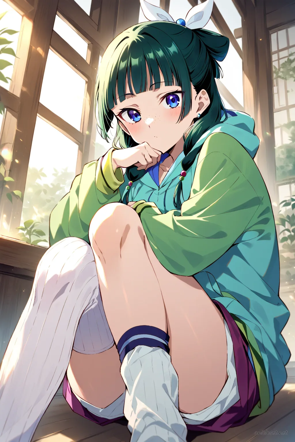 Illustration of Maomao in pastel star print hoodie and white shorts, sitting on bedroom carpet with game controller and snack bag