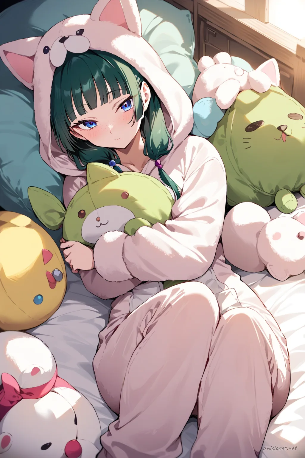 Full body illustration of Maomao standing in a one-piece animal kigurumi pajama with plush hood and paw cuffs, holding a matching plush on a beanbag in a softly lit room