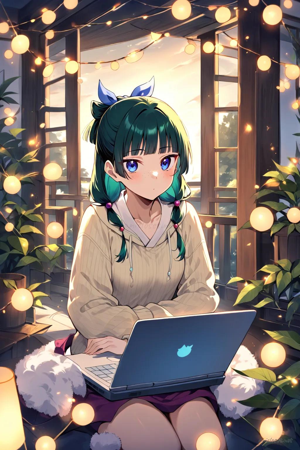 Illustration of Maomao lying stomach-down on bed wearing pastel ribbed lounge crop top and drawstring pants with fuzzy socks, using laptop surrounded by fairy lights