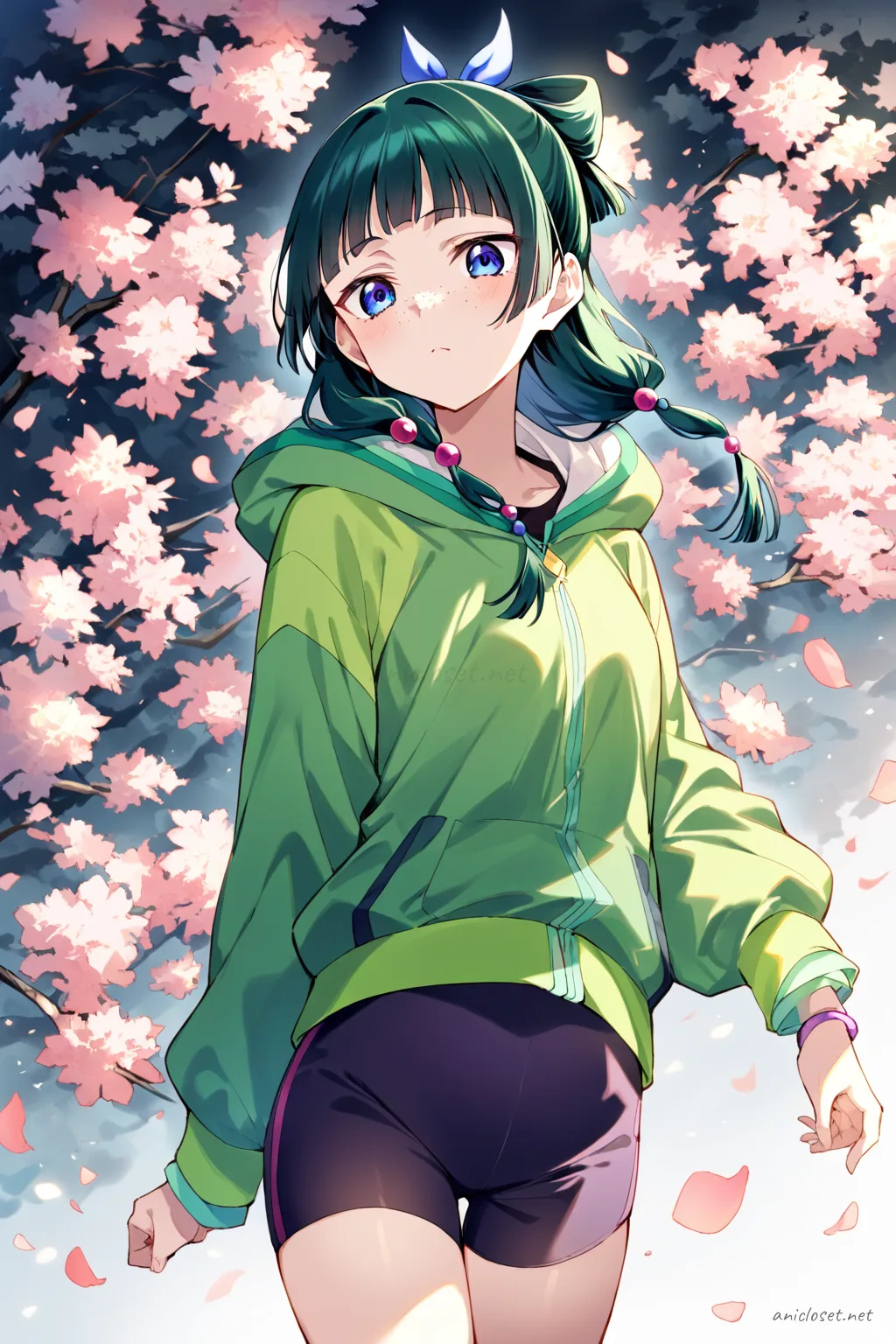 Illustration of Maomao stretching on a yoga mat wearing a pastel blue zip hoodie half-open over a black sport bra top, high-waisted bike shorts, and ribbed ankle socks with a silver anklet in a tidy living room