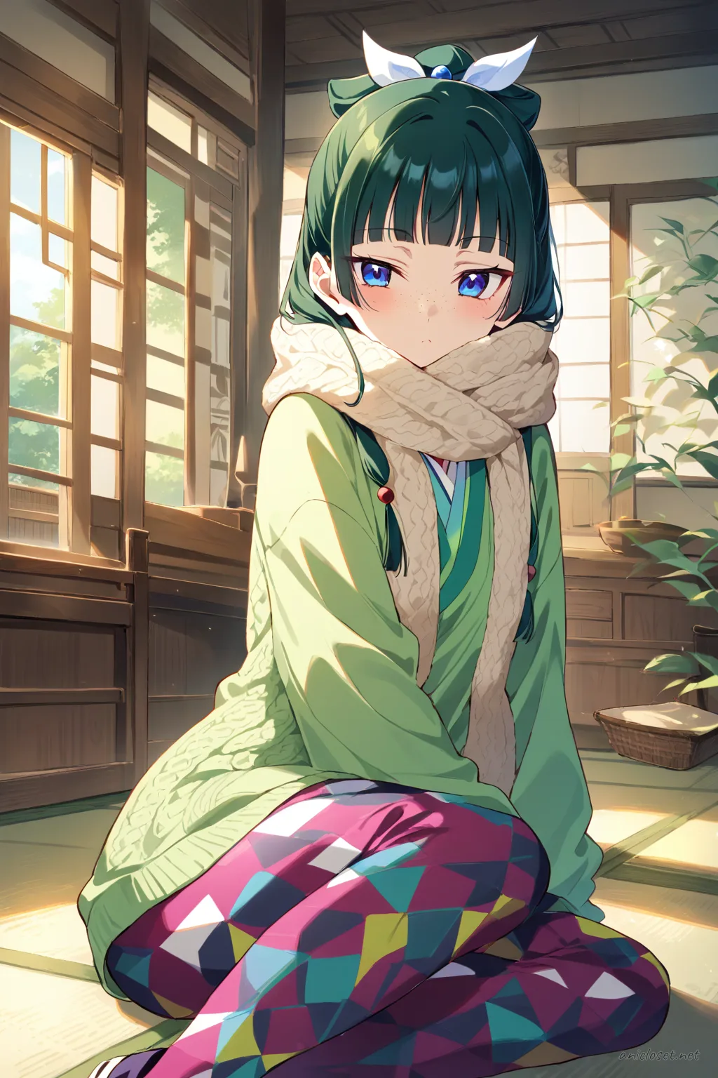 Maomao standing indoors wearing a long knit tunic over patterned leggings, cozy scarf, knit socks, slippers, holding a ceramic mug by a rain-streaked balcony door