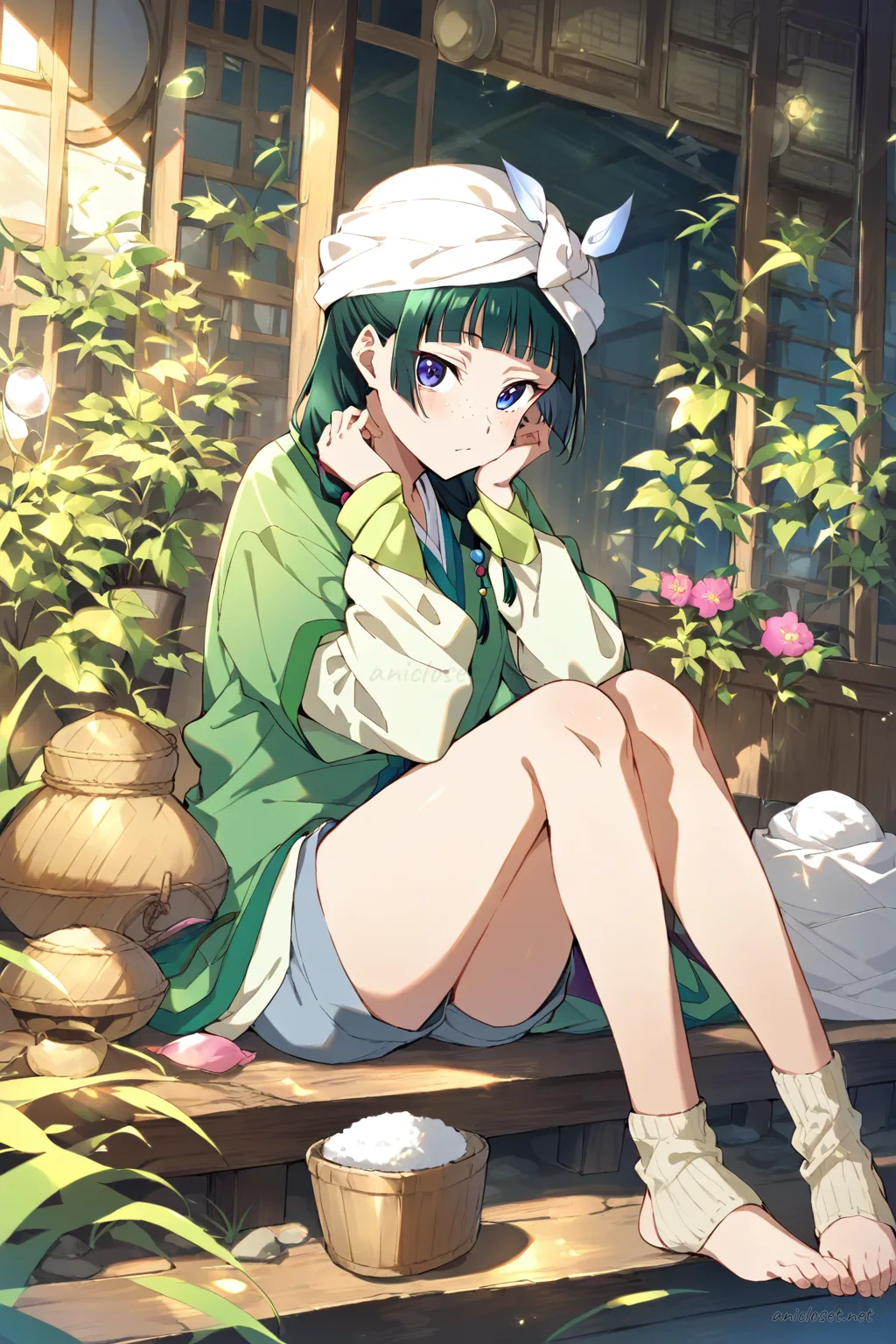Full-body illustration of Maomao standing in a casual lounge outfit with oversized white button shirt, light denim shorts, knit knee socks, towel turban, holding a hairbrush and ceramic mug against a clean studio backdrop
