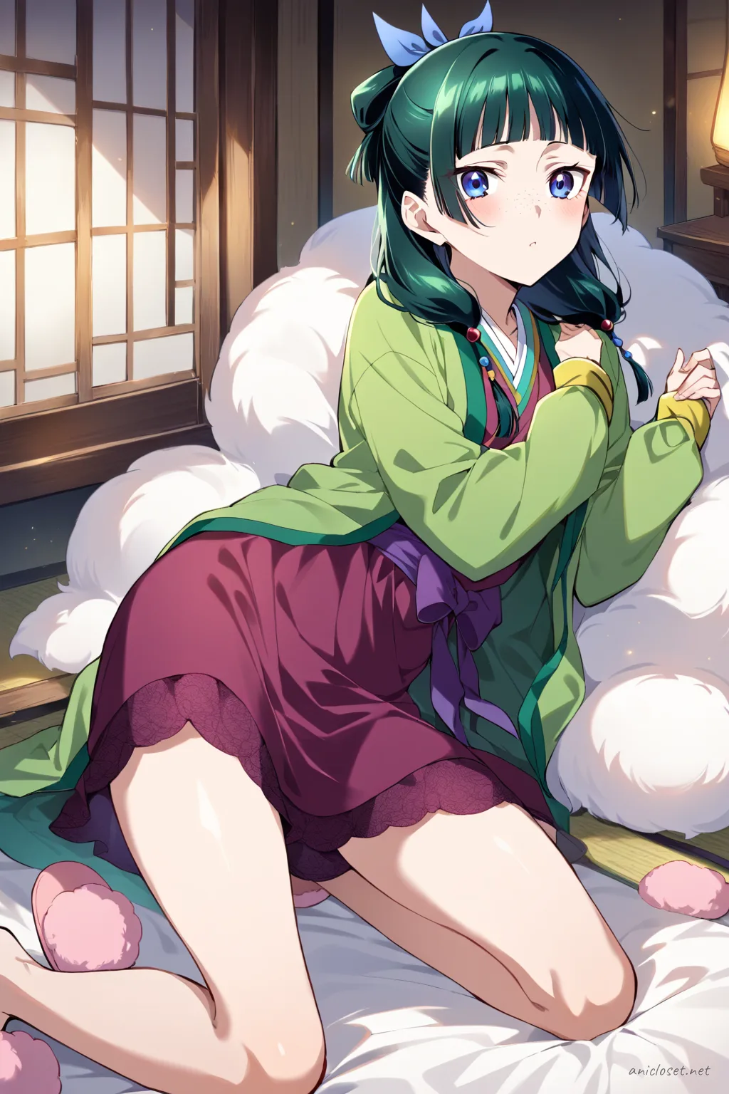 Full body illustration of Maomao standing in a bedroom wearing a soft pink lounge dress with ribbon waist and lace hem, fluffy slippers, knit cardigan, holding a tea tray, surrounded by hanging clothes and string lights