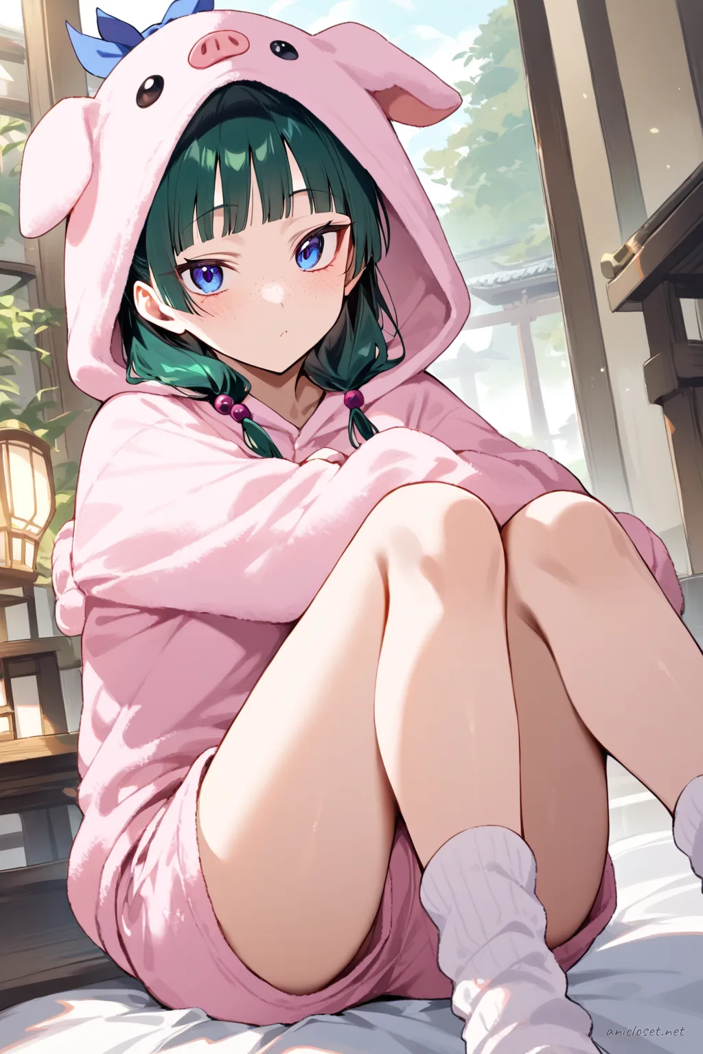 Full-body three-quarter view of Maomao wearing pastel pink animal pajama hoodie with sewn plush pig ears, matching shorts, fuzzy socks, layered white long sleeve shirt, holding plush blanket pillow in living room