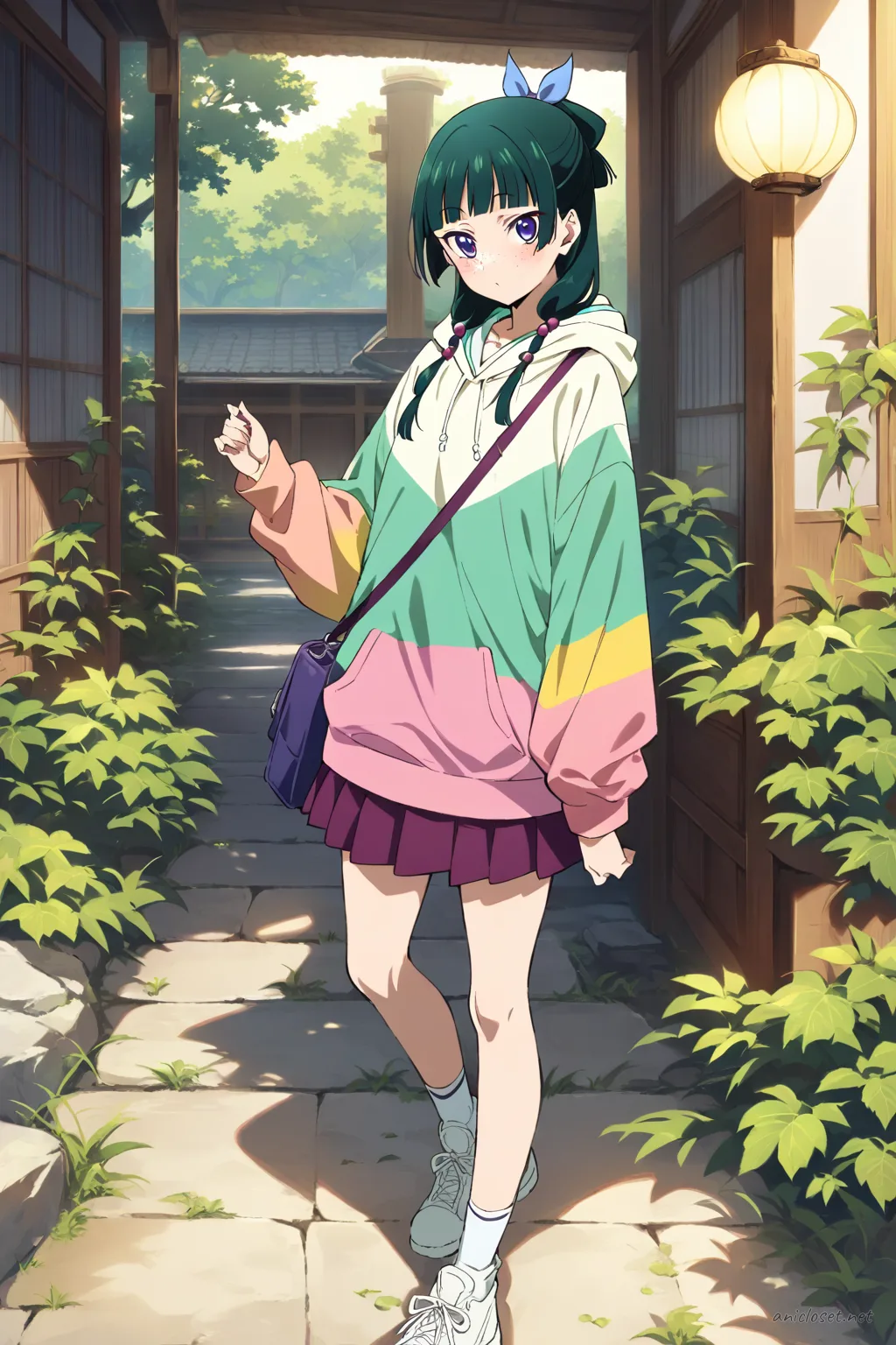 Illustration of Maomao walking mid-stride on a quiet sunlit shopping street wearing an oversized pastel hoodie, pleated mini skirt, striped thighhigh socks, sneakers, and a crossbody bag