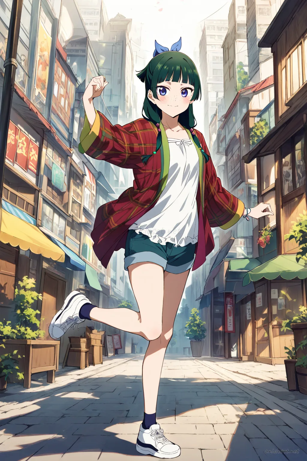 Full body illustration of Maomao sitting on a curb wearing a plaid shirt over a camisole, denim shorts, white sneakers, with cherry trees and a park path in the background
